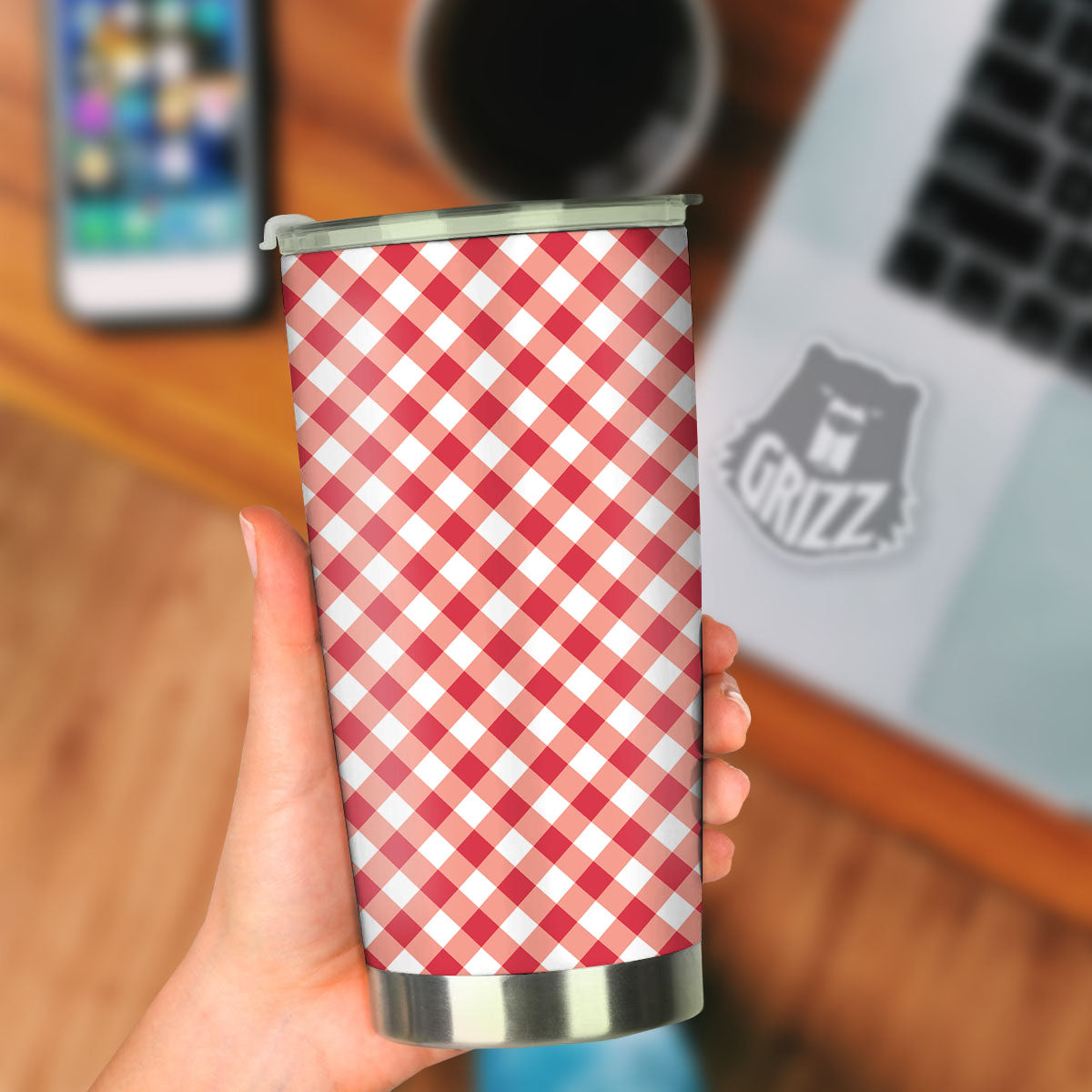 Red Lava And White Gingham Print Tumbler-grizzshop