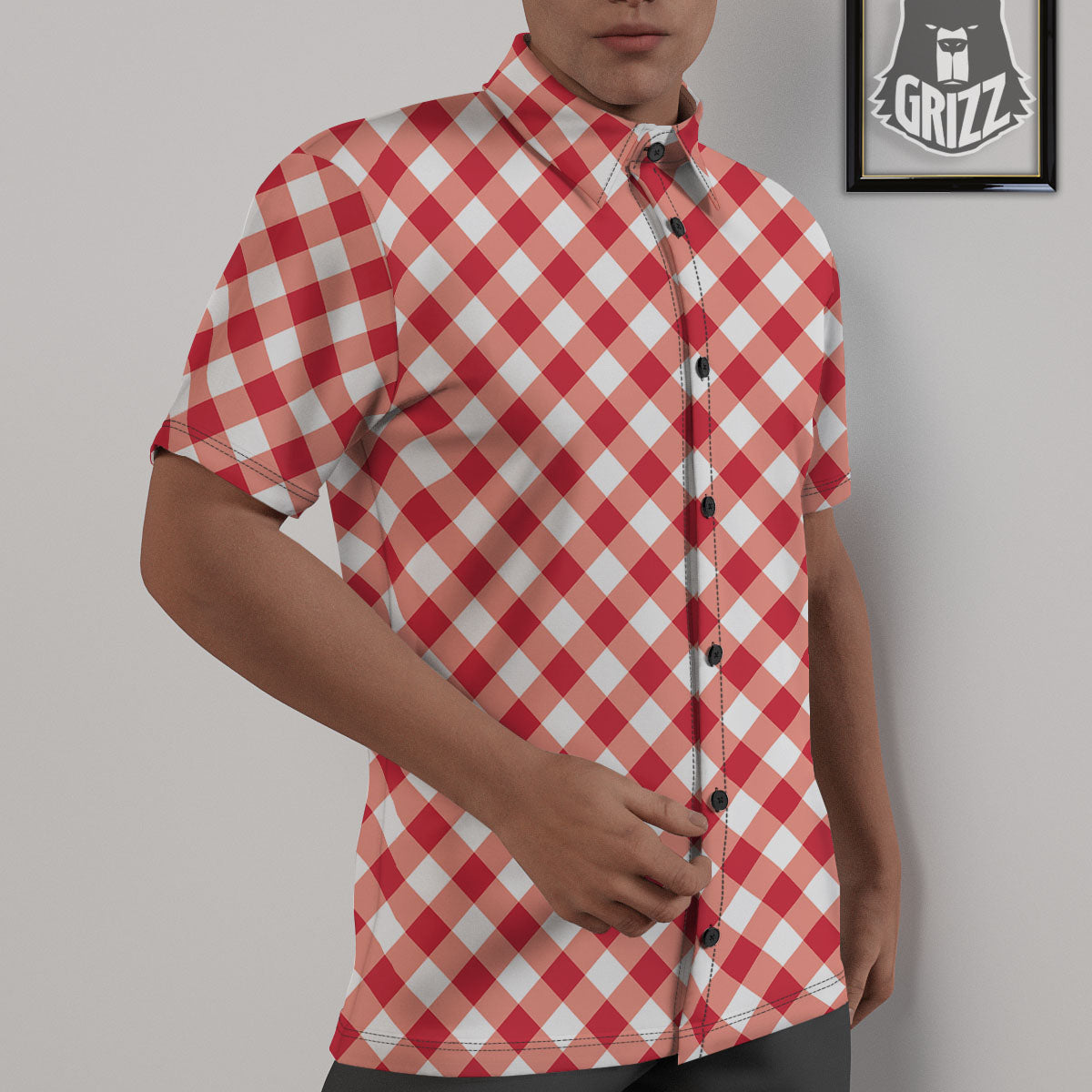 Red Lava And White Gingham Print Untucked Shirts-grizzshop