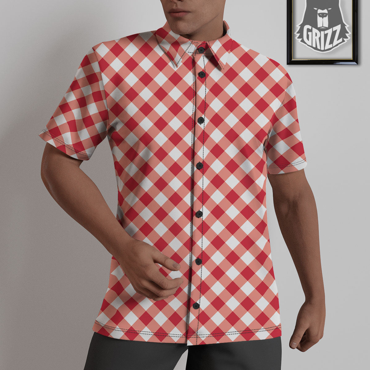 Red Lava And White Gingham Print Untucked Shirts-grizzshop