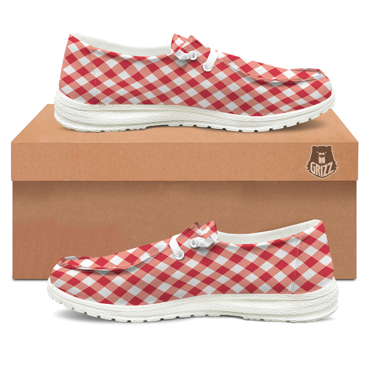 Red Lava And White Gingham Print White Loafers-grizzshop