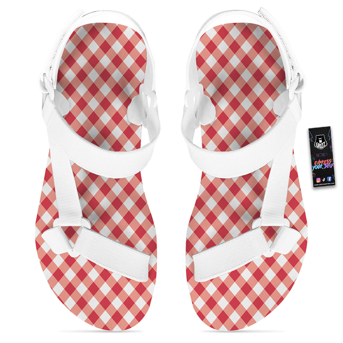 Red Lava And White Gingham Print White Open Toe Sandals-grizzshop