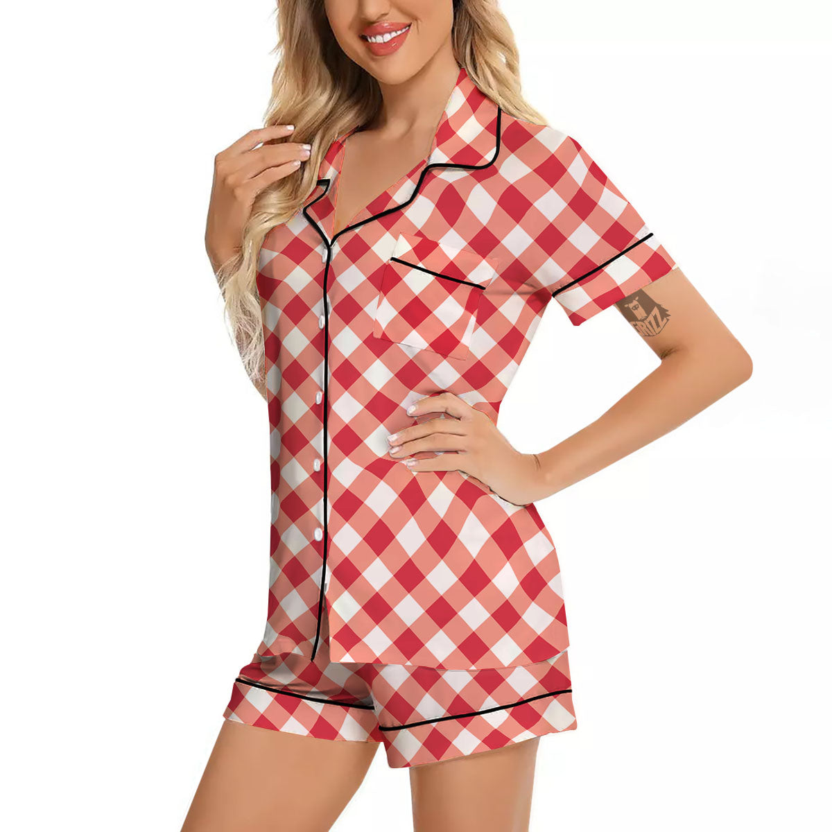 Red Lava And White Gingham Print Women Silk Pajamas-grizzshop