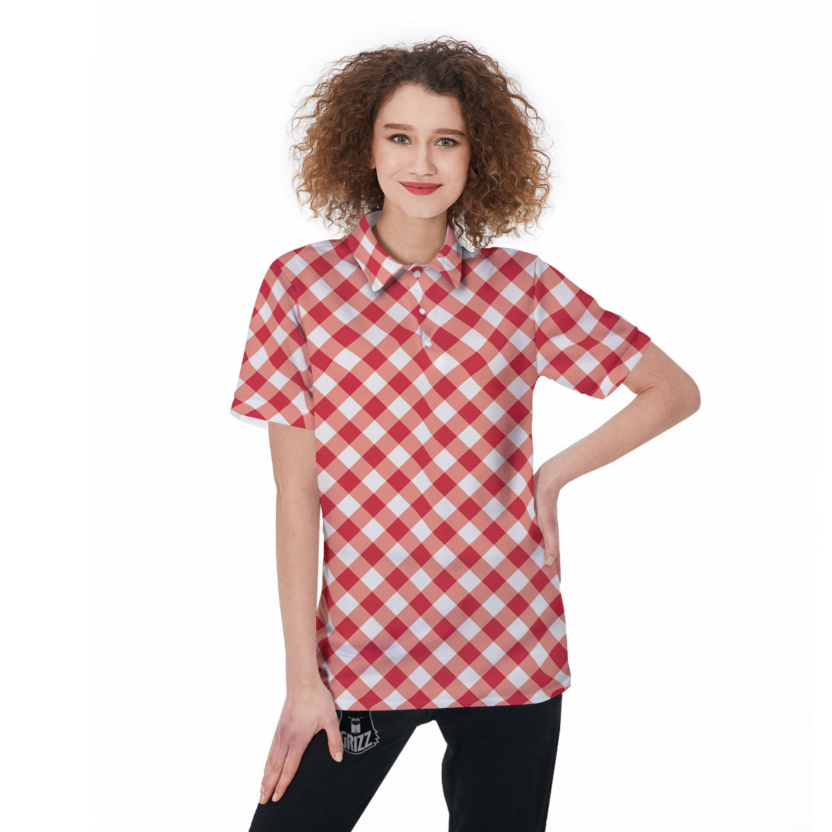 Red Lava And White Gingham Print Women's Golf Shirts-grizzshop