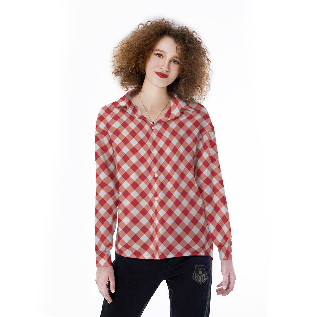 Red Lava And White Gingham Print Women's Long Sleeve Shirts-grizzshop