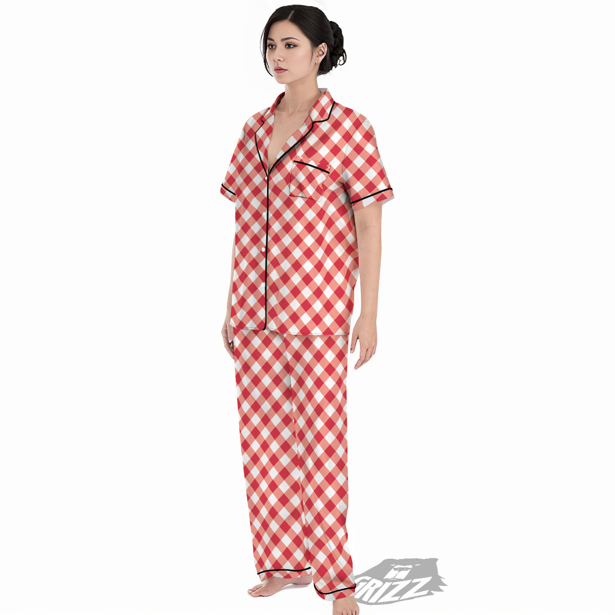 Red Lava And White Gingham Print Women's Pajamas Set-grizzshop