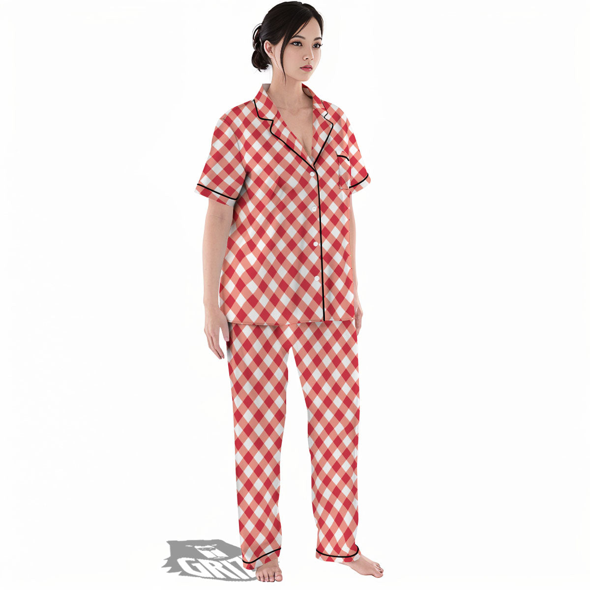 Red Lava And White Gingham Print Women's Pajamas Set-grizzshop