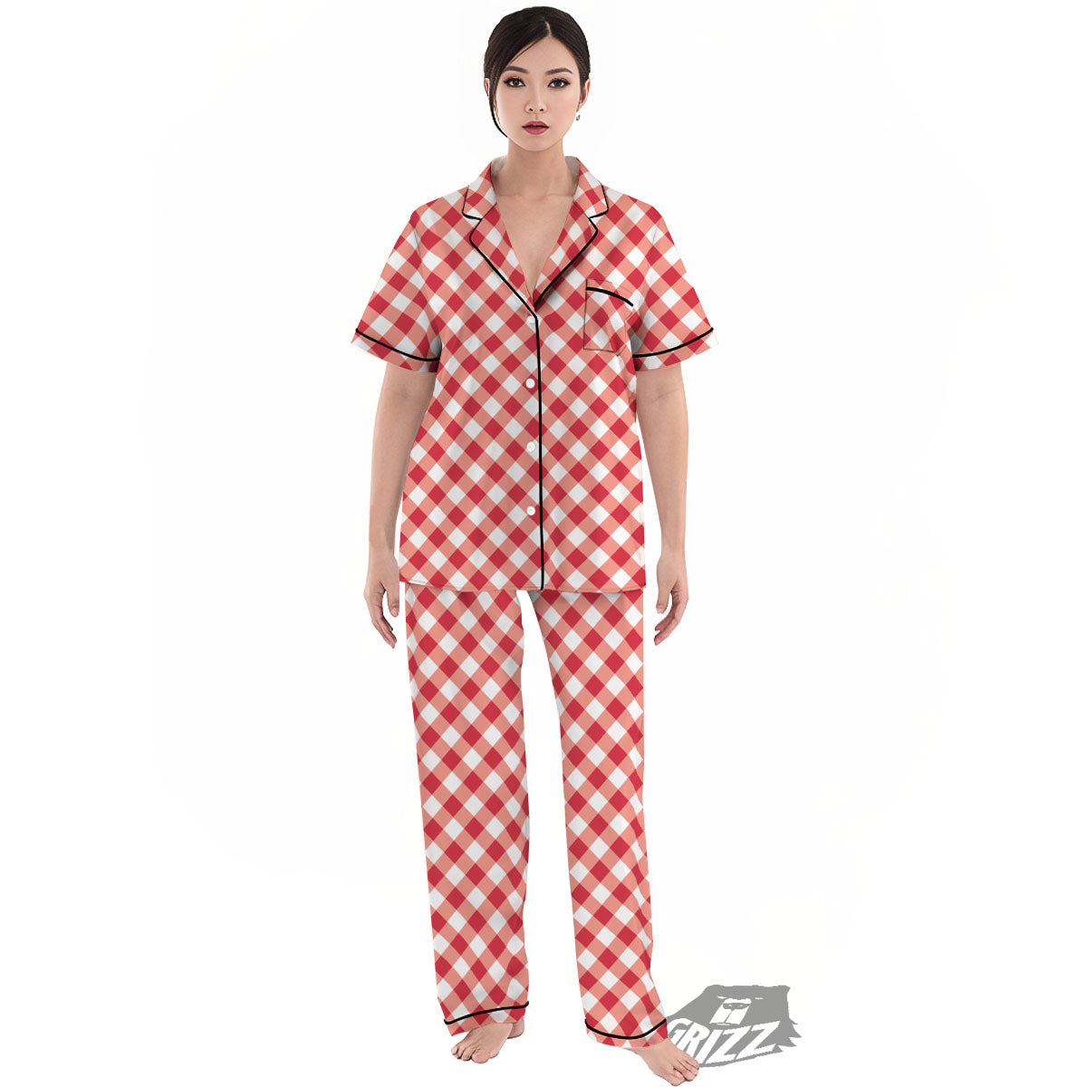Red Lava And White Gingham Print Women's Pajamas Set-grizzshop