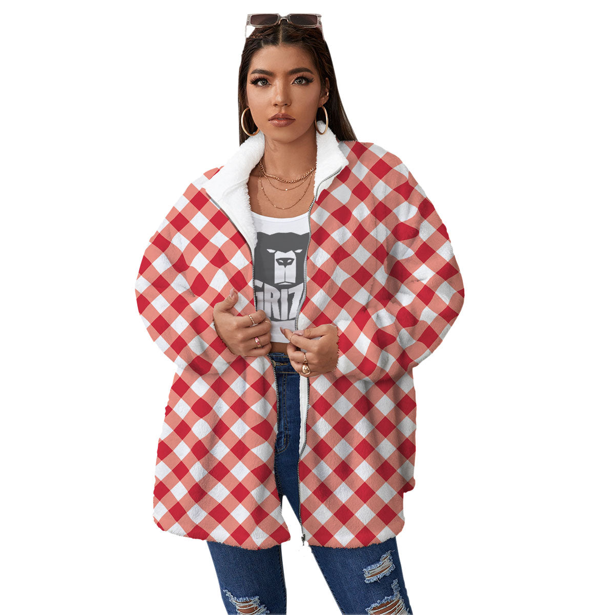 Red Lava And White Gingham Print Women's Sherpa Jacket-grizzshop