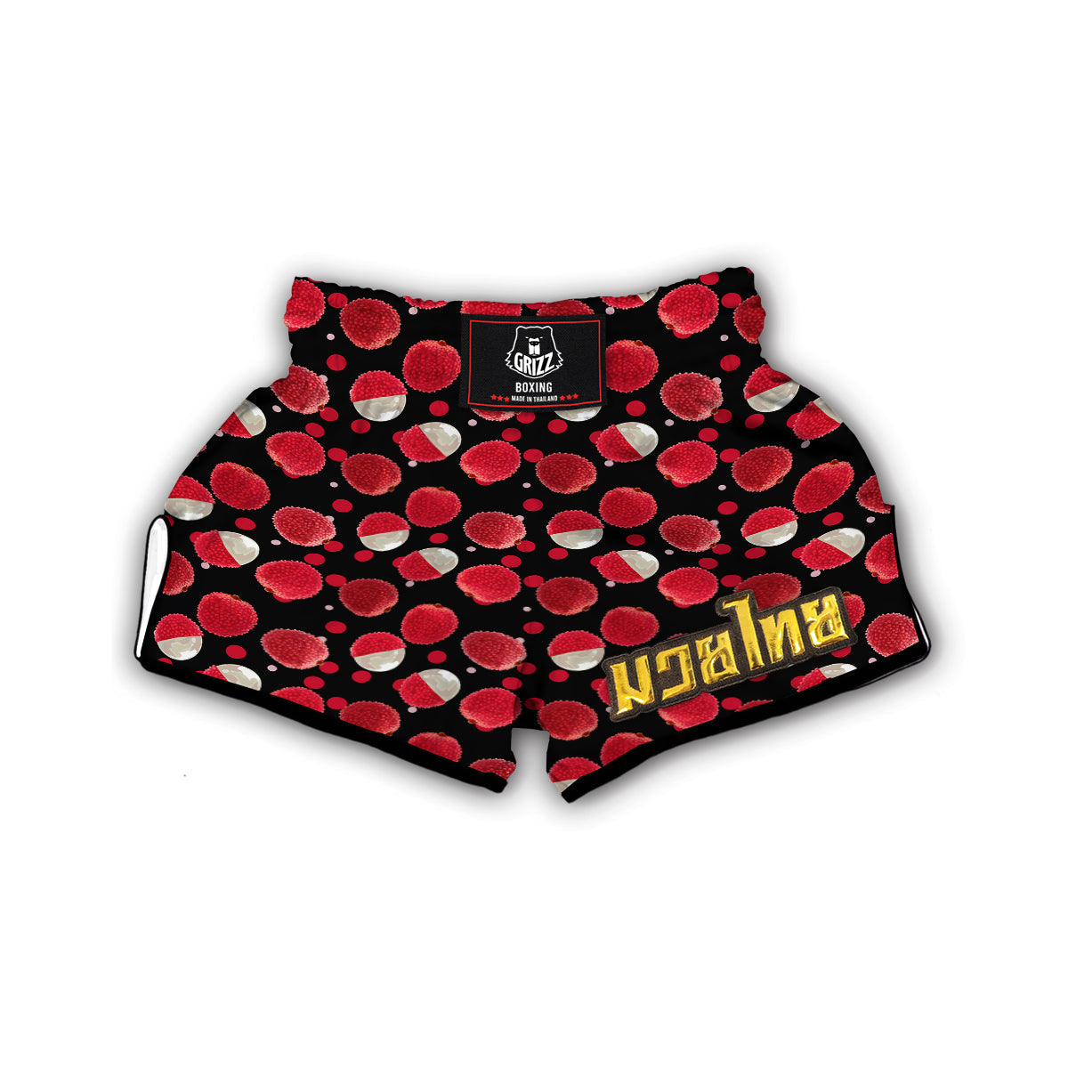 Red Lychee And Black Print Pattern Muay Thai Boxing Shorts-grizzshop