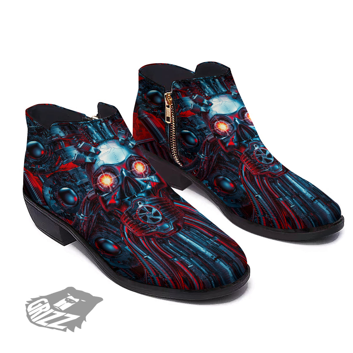 Red Machine Robot Print Ankle Boots-grizzshop