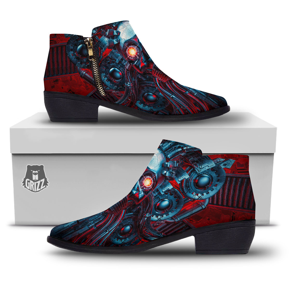 Red Machine Robot Print Ankle Boots-grizzshop
