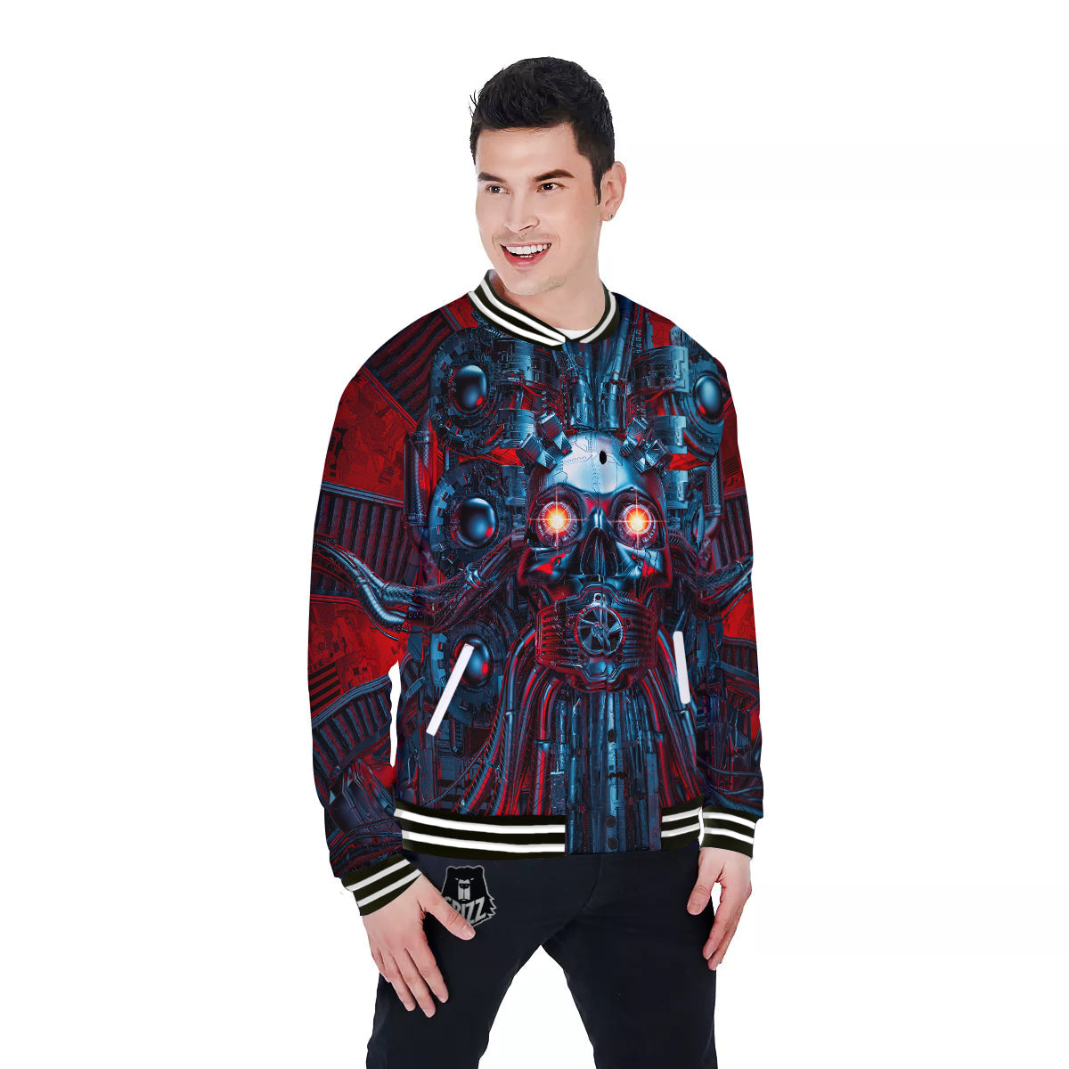Red Machine Robot Print Baseball Jacket-grizzshop