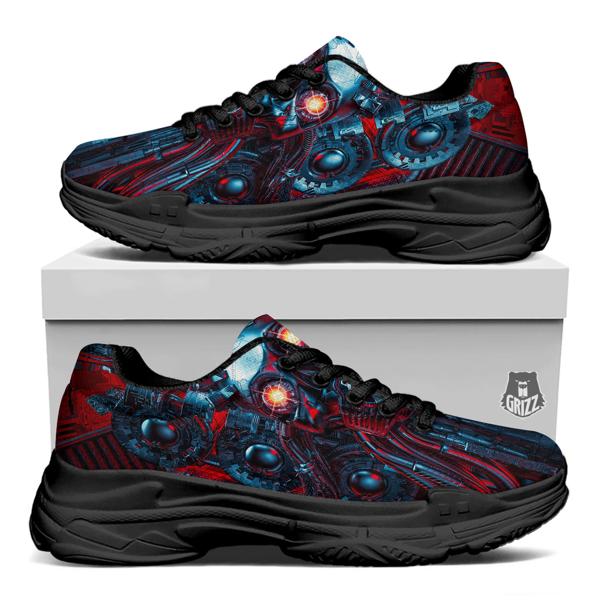 Red Machine Robot Print Black Chunky Shoes-grizzshop
