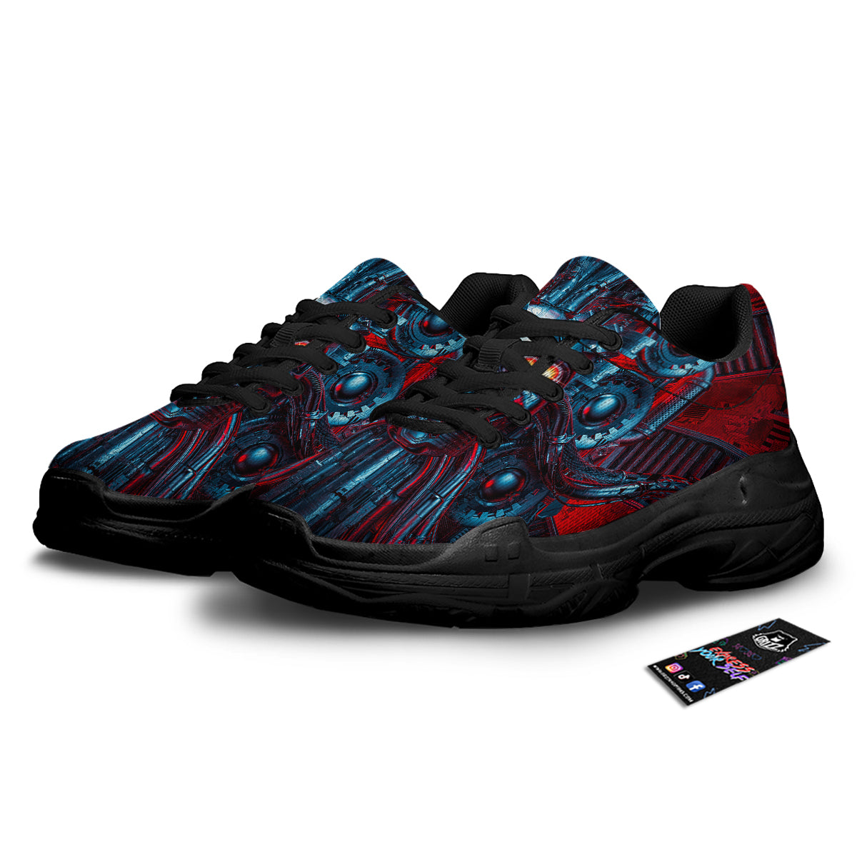 Red Machine Robot Print Black Chunky Shoes-grizzshop