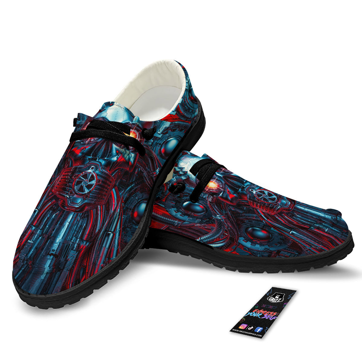 Red Machine Robot Print Black Loafers-grizzshop