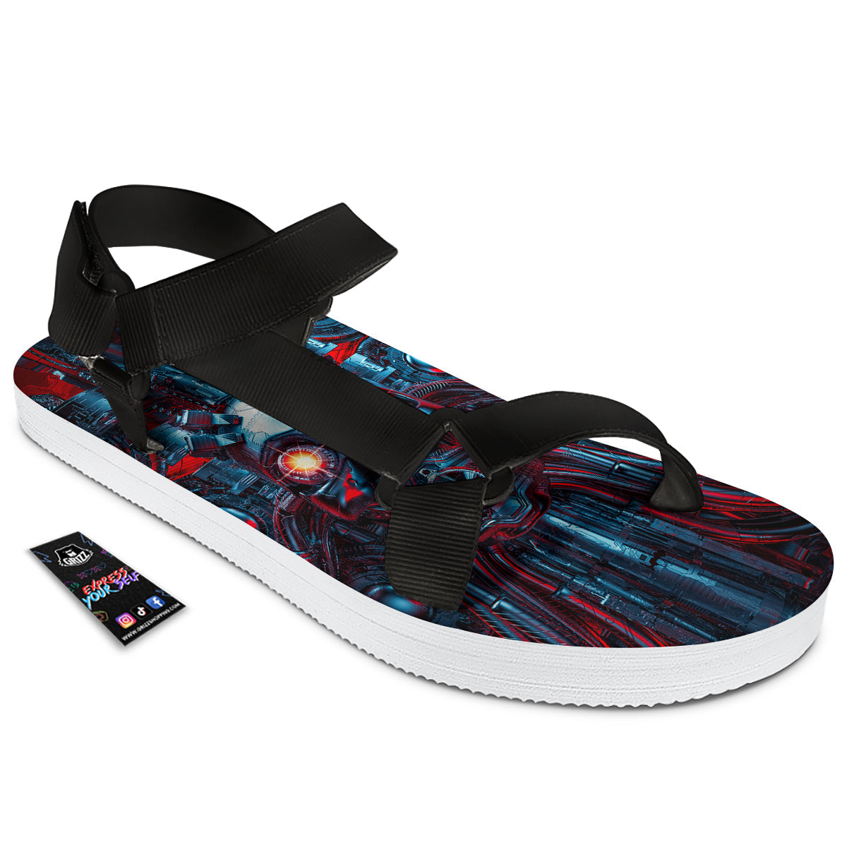 Red Machine Robot Print Black Open Toe Sandals-grizzshop