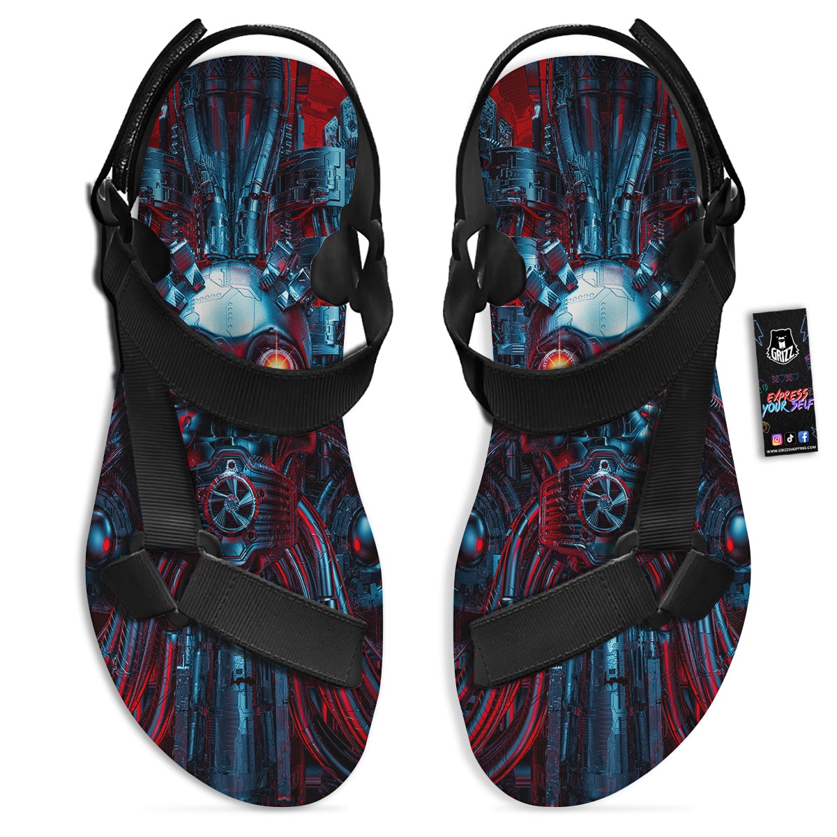 Red Machine Robot Print Black Open Toe Sandals-grizzshop