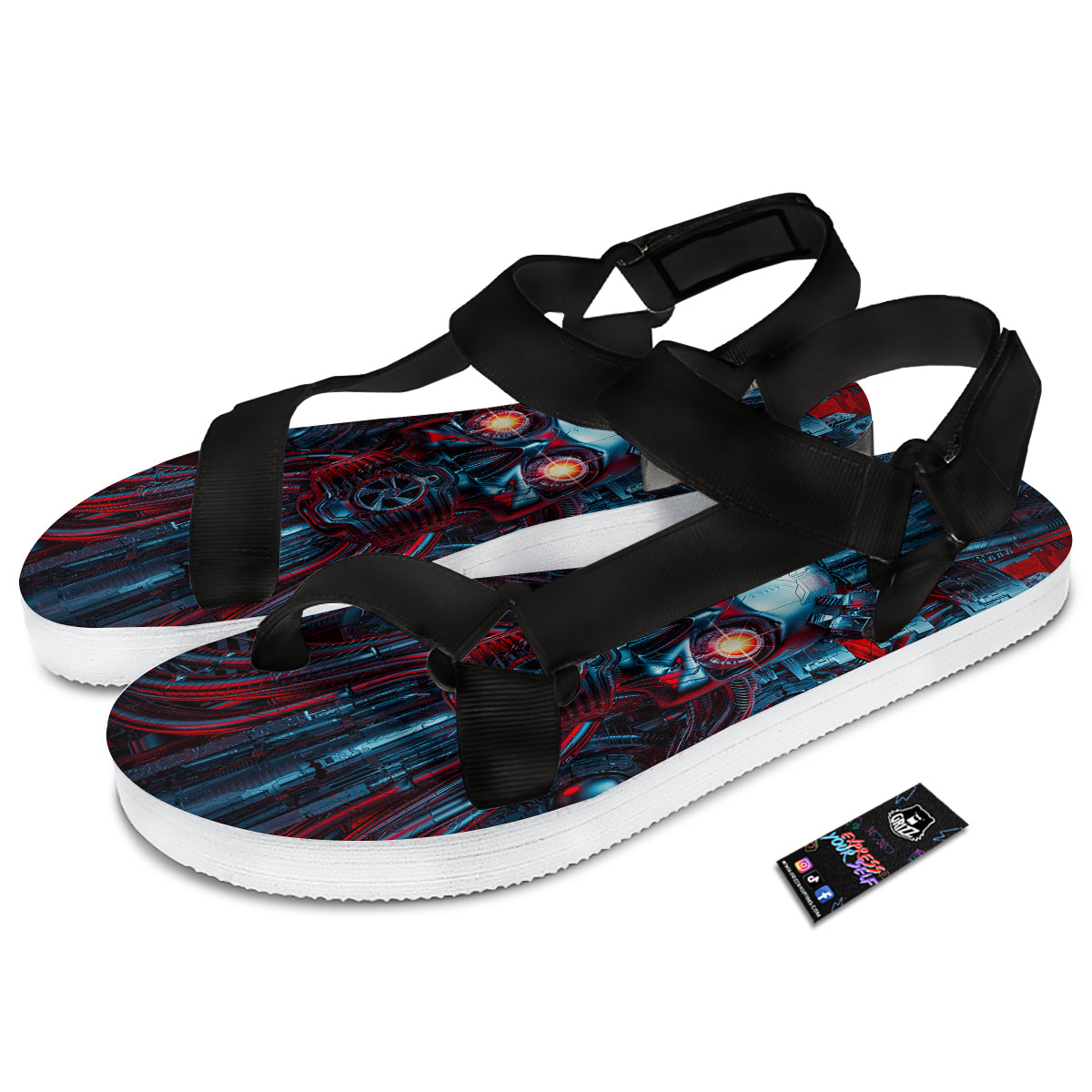 Red Machine Robot Print Black Open Toe Sandals-grizzshop