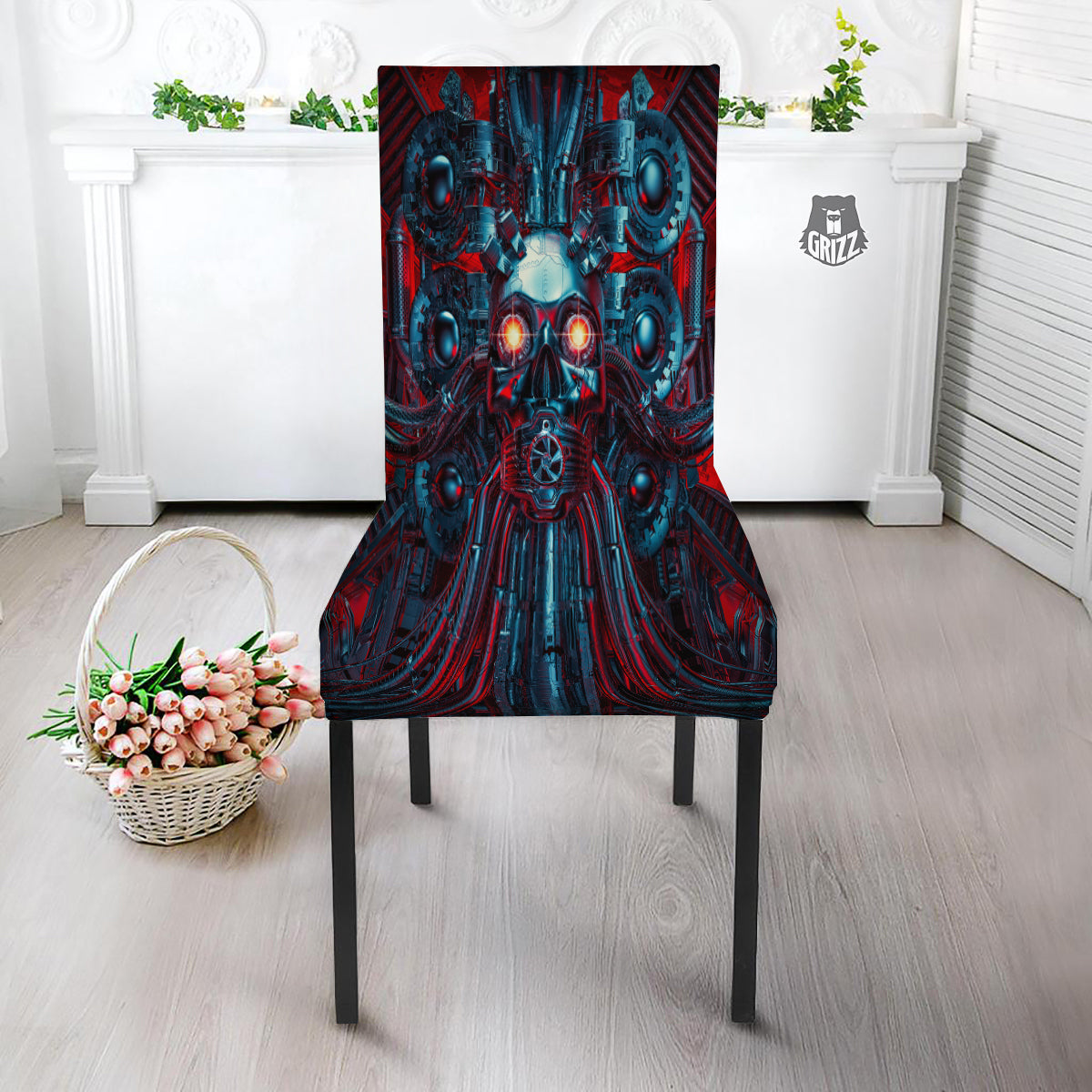 Red Machine Robot Print Dining Chair Slipcover-grizzshop