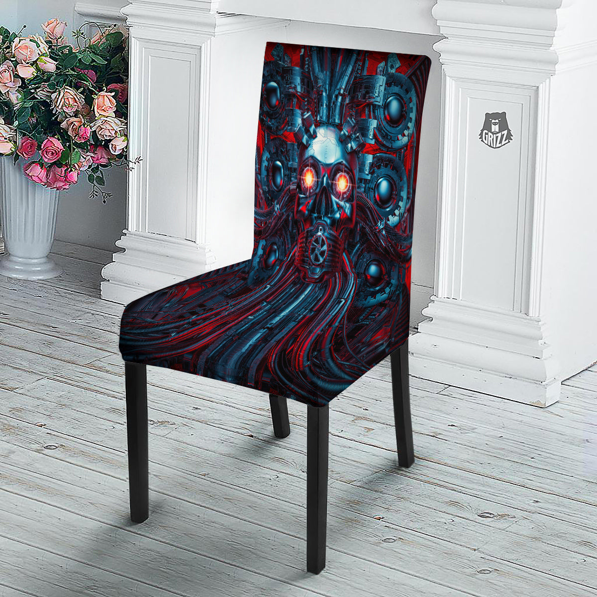 Red Machine Robot Print Dining Chair Slipcover-grizzshop