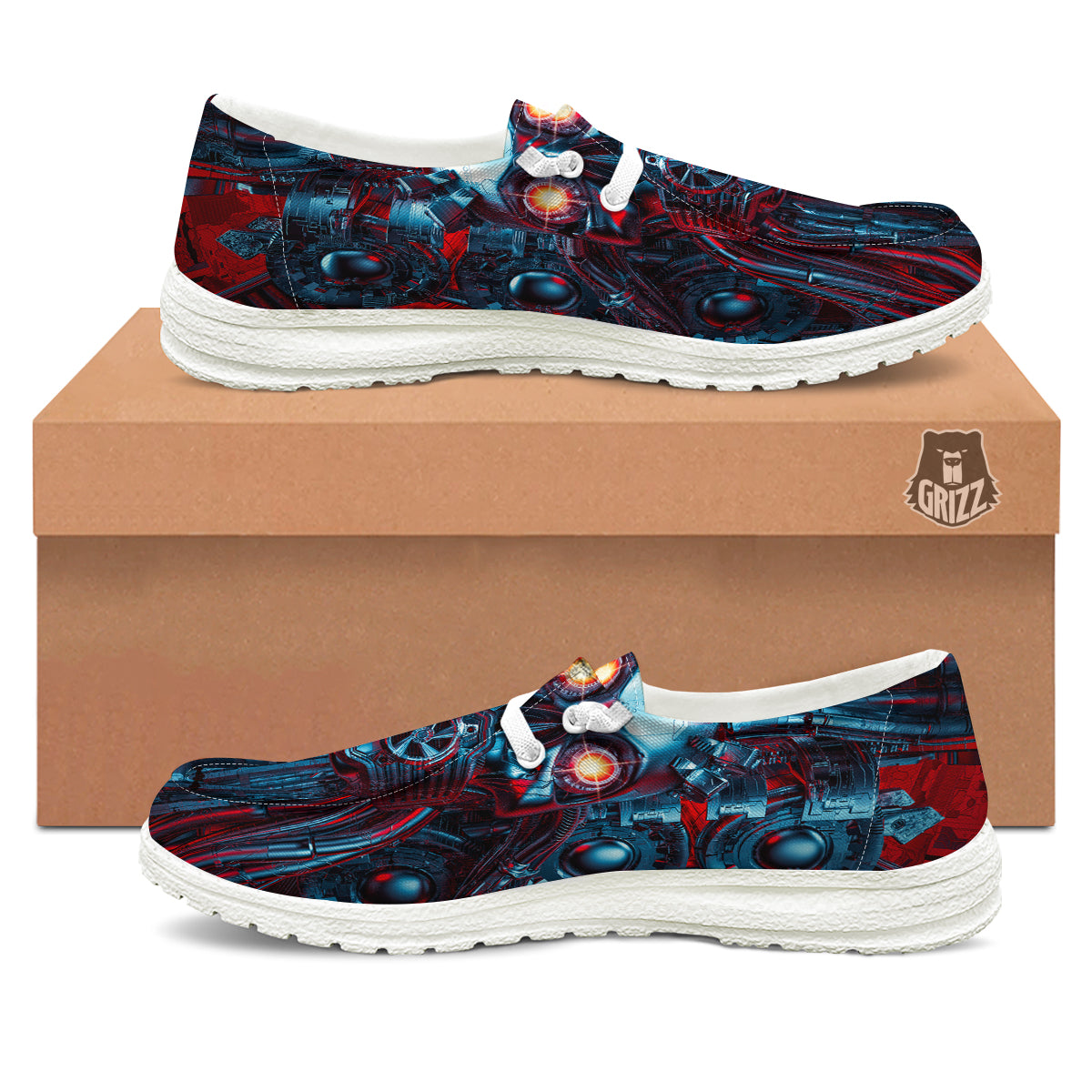 Red Machine Robot Print White Loafers-grizzshop
