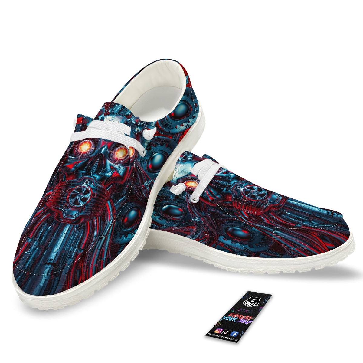 Red Machine Robot Print White Loafers-grizzshop