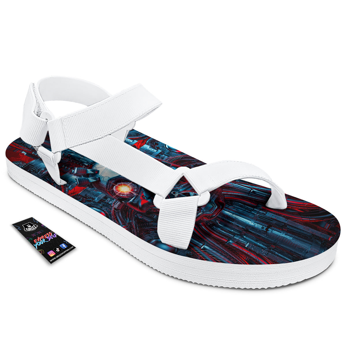 Red Machine Robot Print White Open Toe Sandals-grizzshop