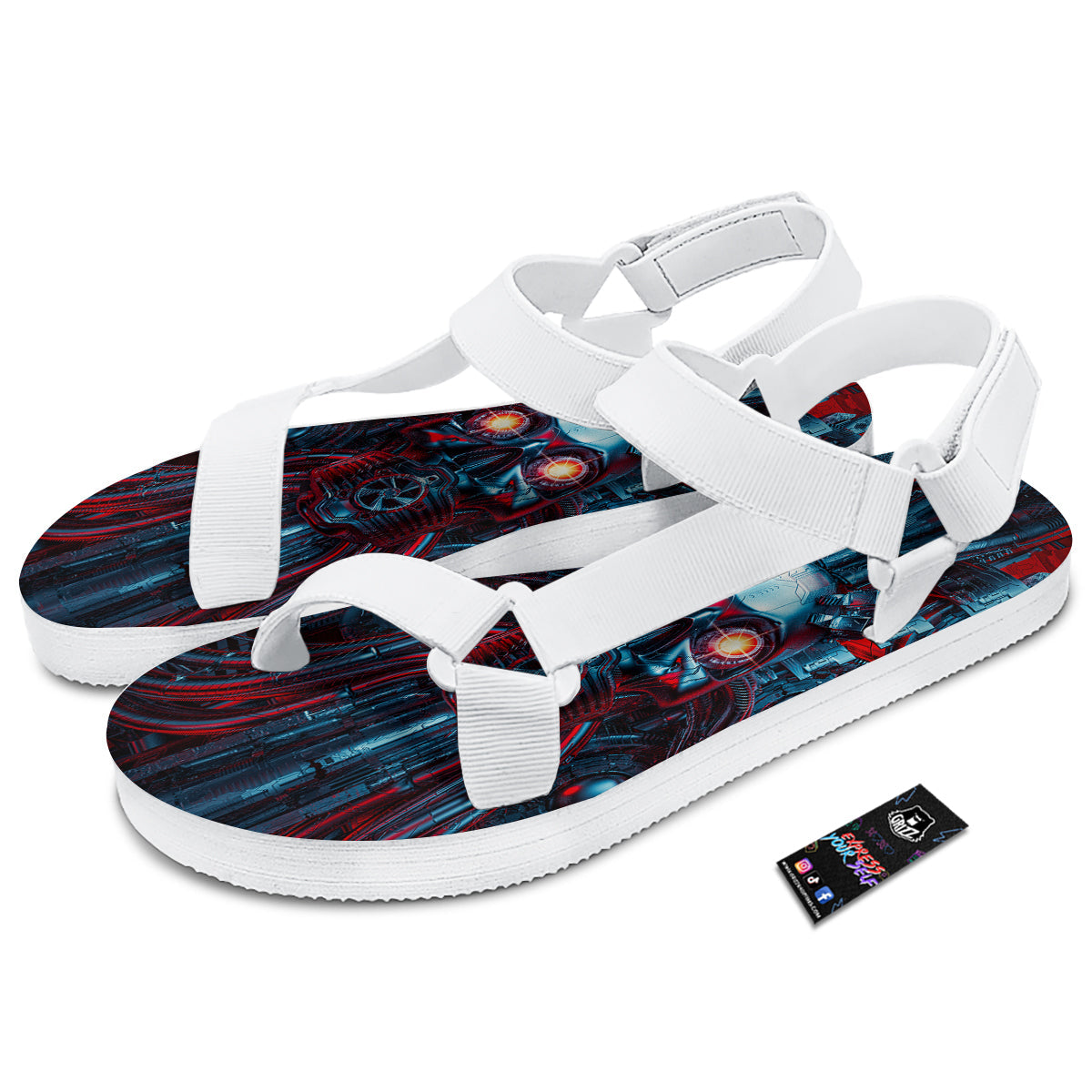 Red Machine Robot Print White Open Toe Sandals-grizzshop