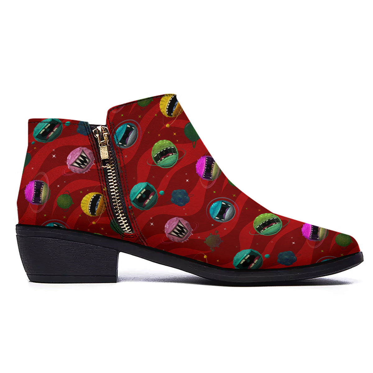 Red Monster Planets Print Pattern Ankle Boots-grizzshop