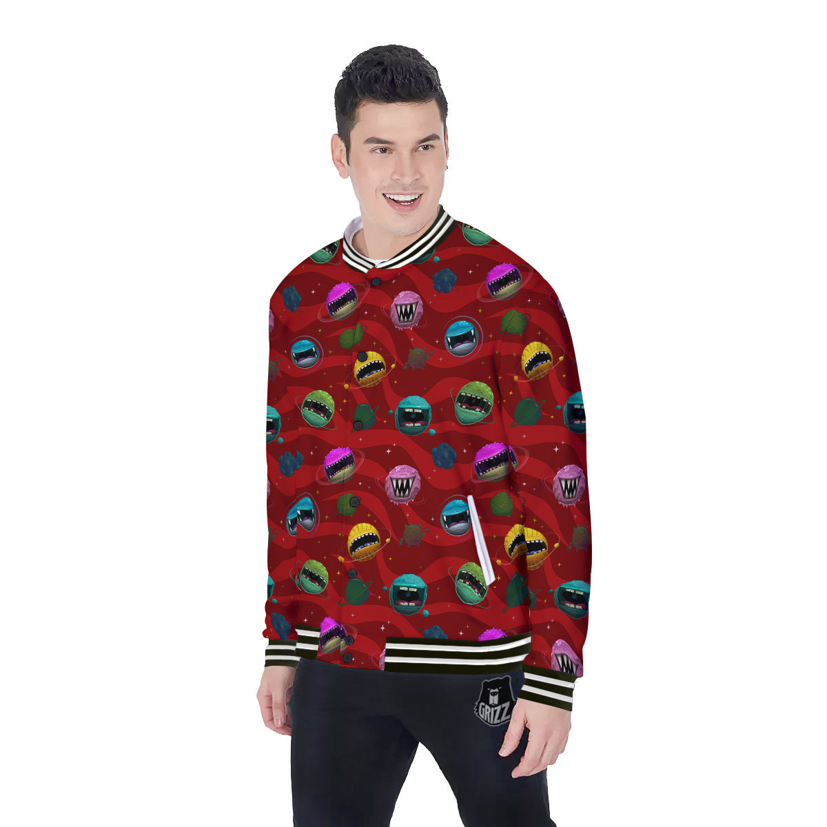 Red Monster Planets Print Pattern Baseball Jacket-grizzshop