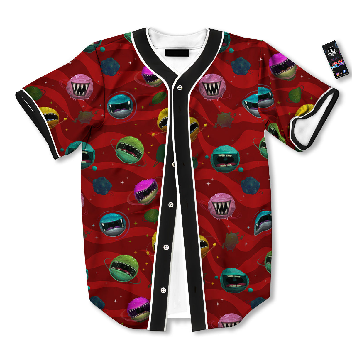 Red Monster Planets Print Pattern Baseball Jersey-grizzshop