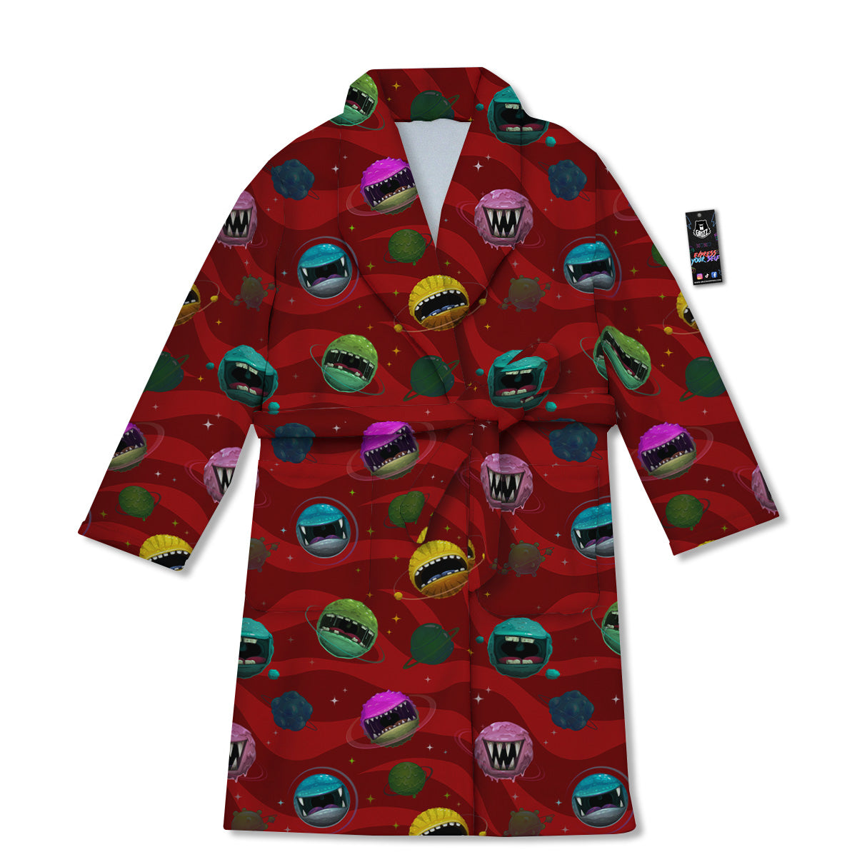 Red Monster Planets Print Pattern Bathrobe-grizzshop