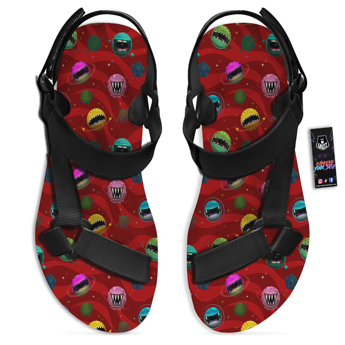 Red Monster Planets Print Pattern Black Open Toe Sandals-grizzshop