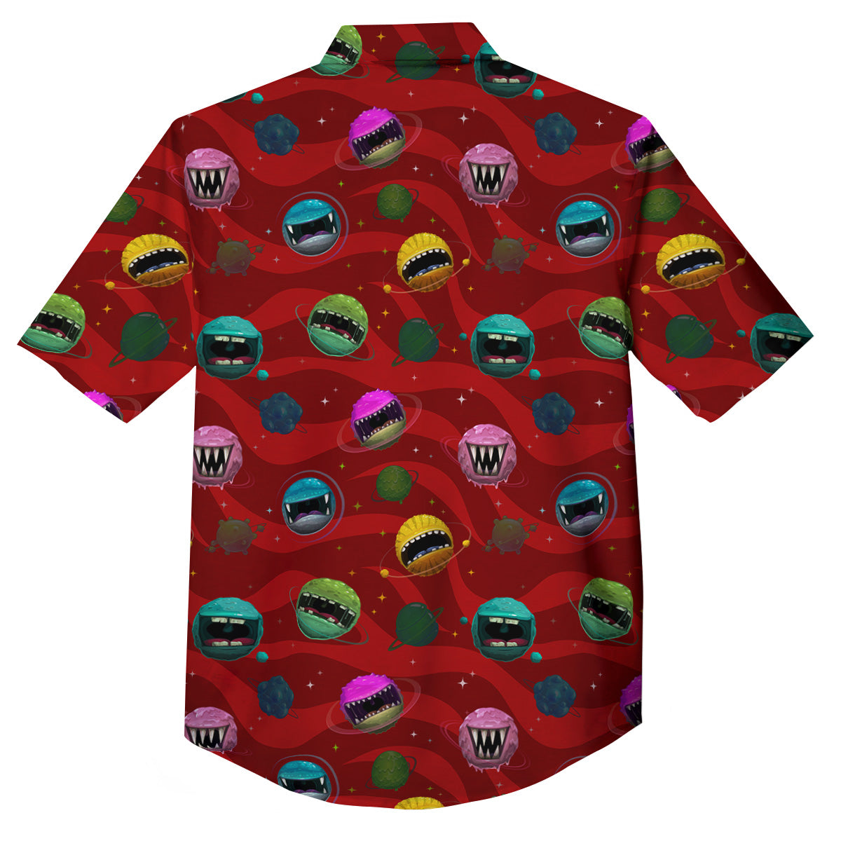 Red Monster Planets Print Pattern Button Up Shirt-grizzshop