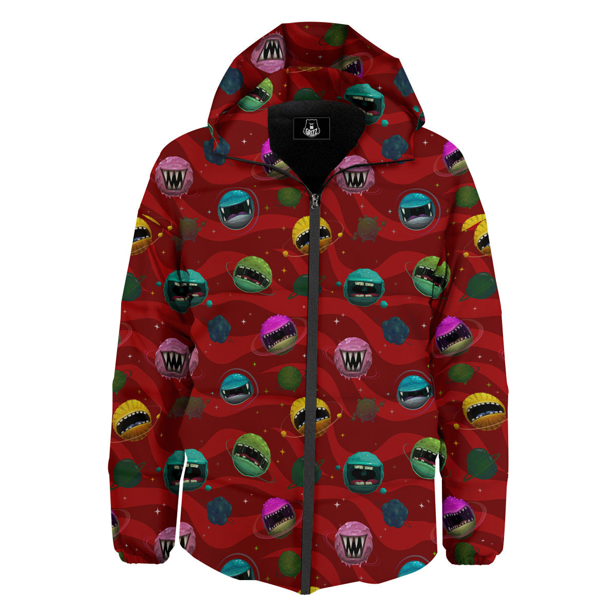 Red Monster Planets Print Pattern Down Jacket-grizzshop
