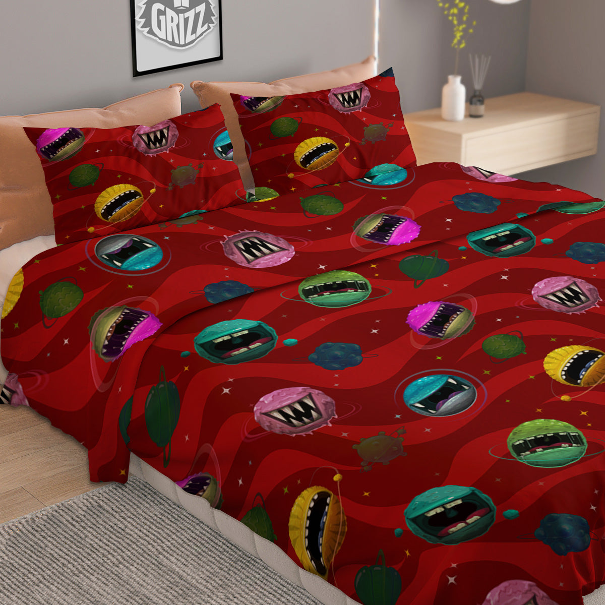 Red Monster Planets Print Pattern Duvet Cover Bedding Set