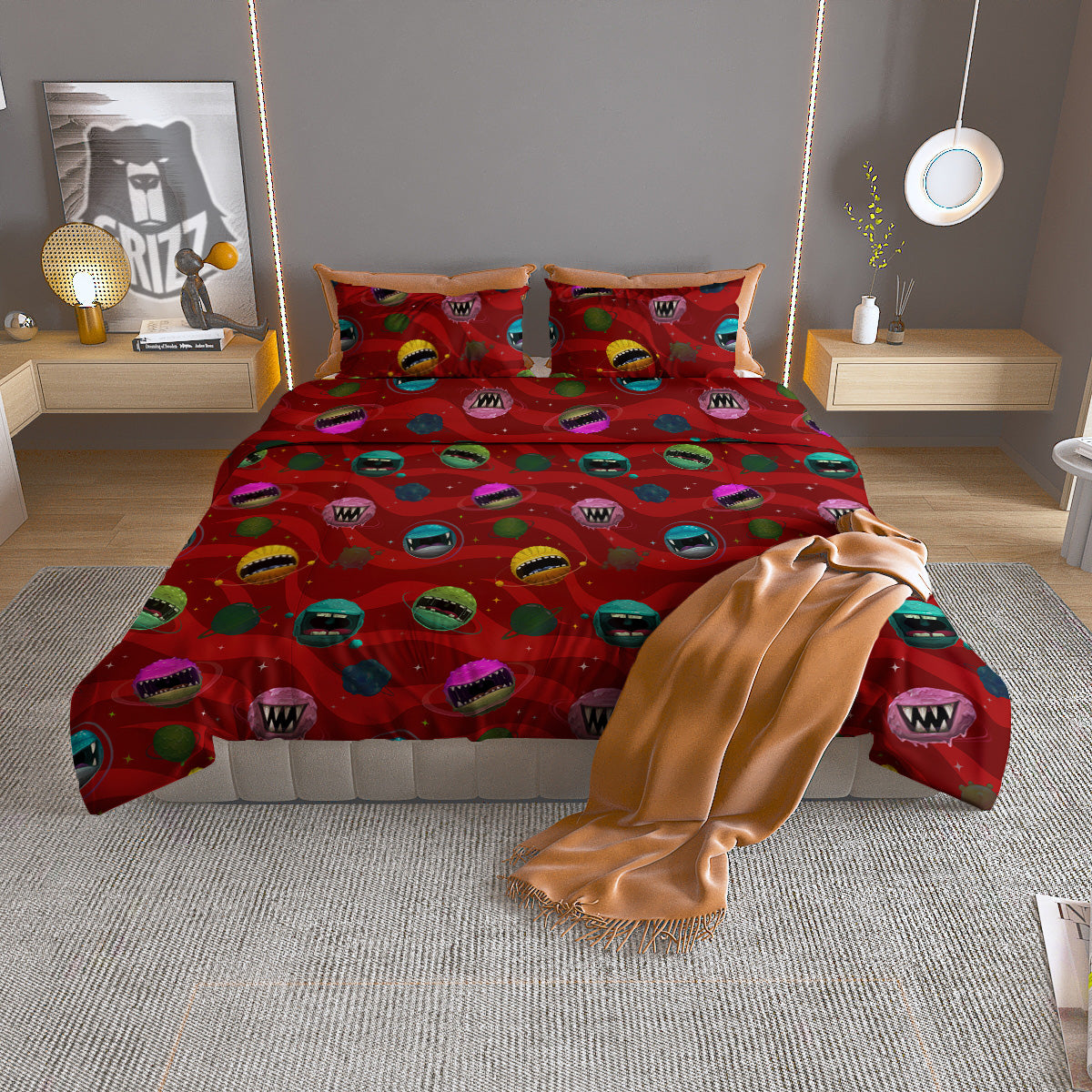 Red Monster Planets Print Pattern Duvet Cover Bedding Set