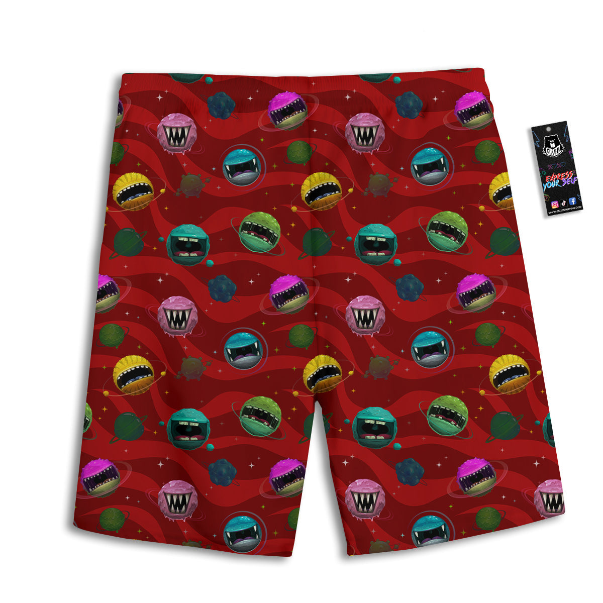 Red Monster Planets Print Pattern Men's Athletic Shorts