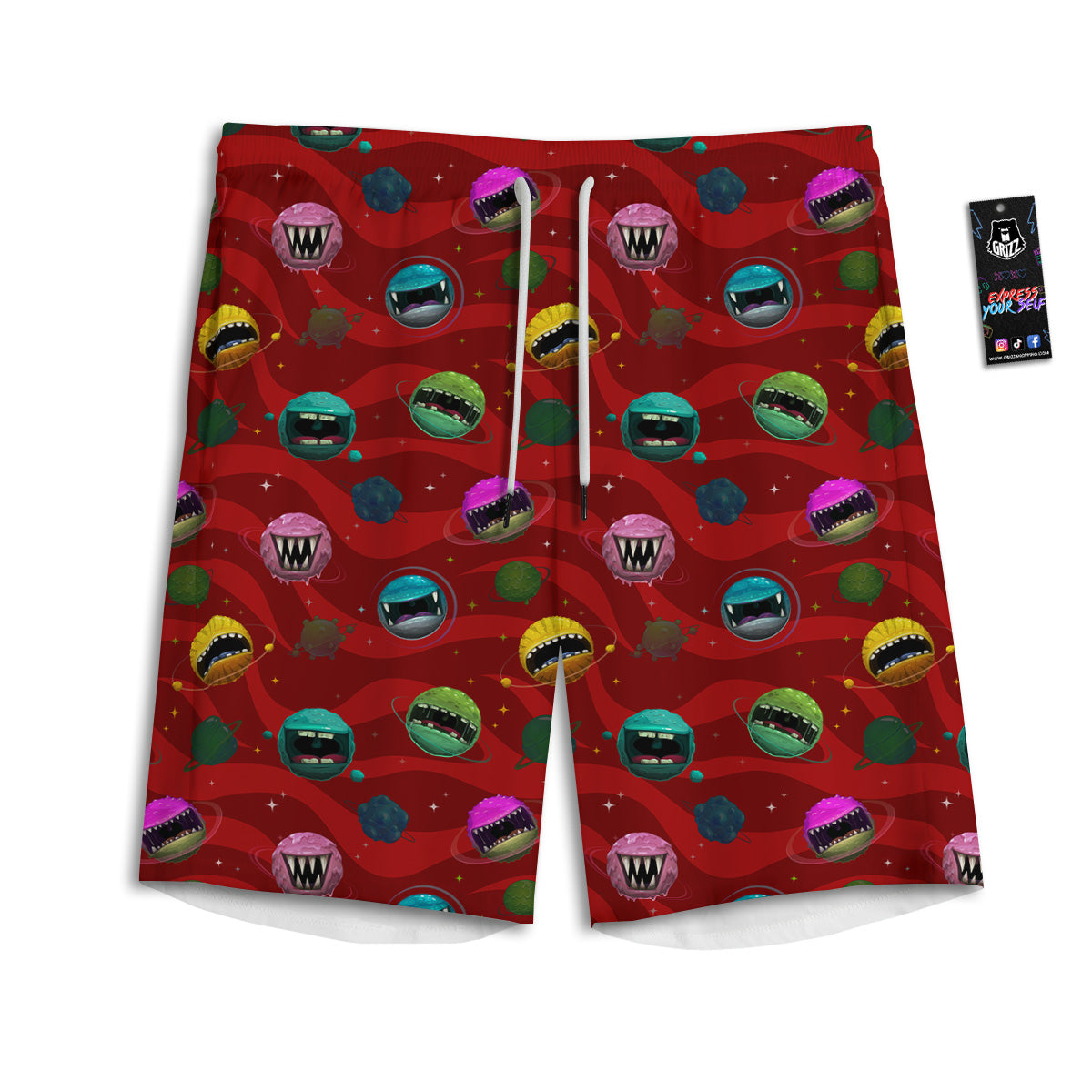 Red Monster Planets Print Pattern Men's Athletic Shorts