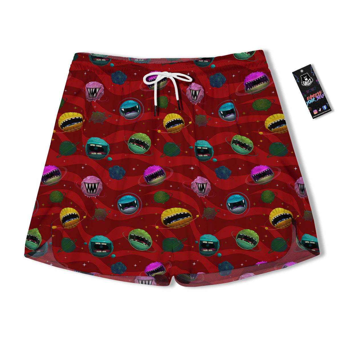 Red Monster Planets Print Pattern Men's Running Shorts-grizzshop