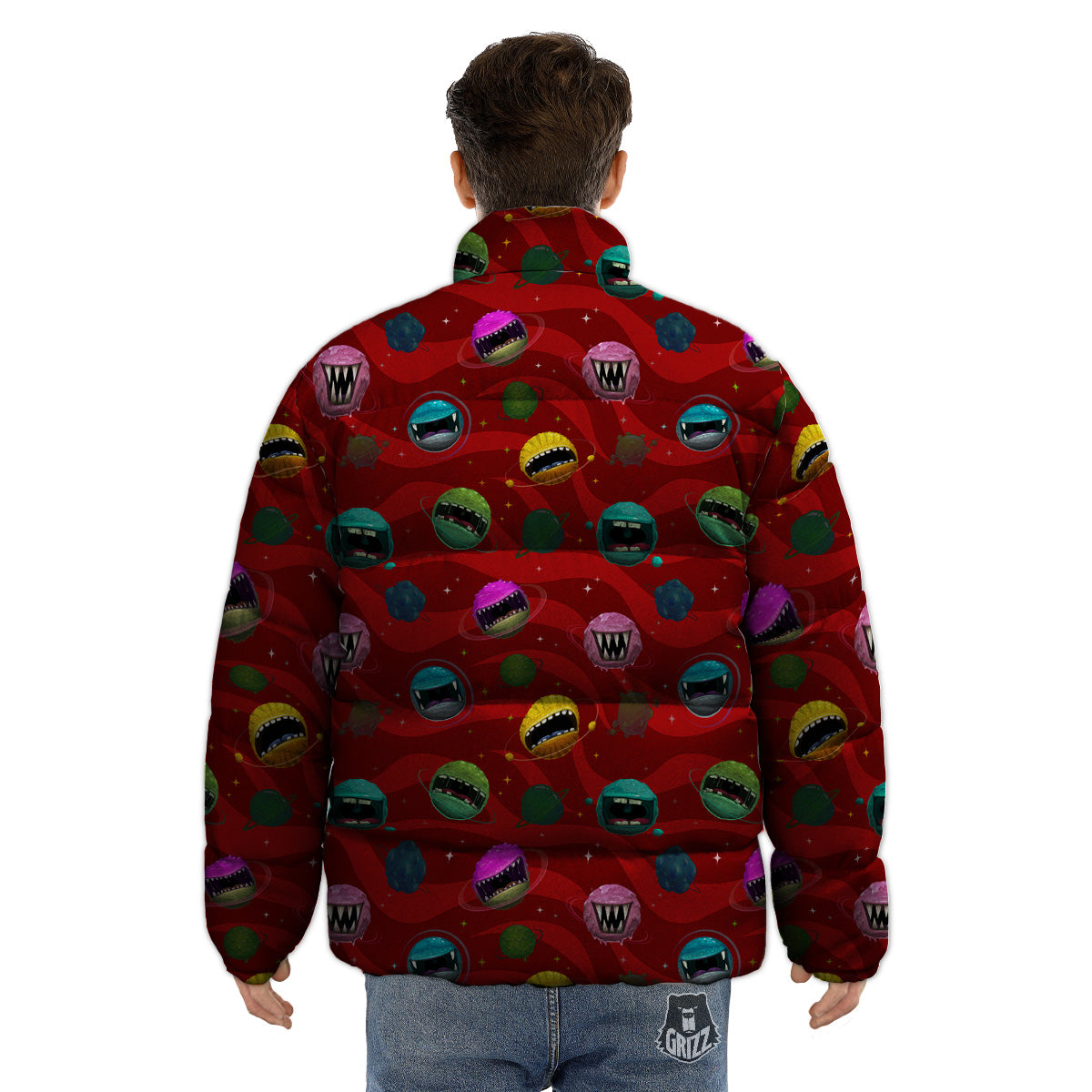 Red Monster Planets Print Pattern Puffer Jacket-grizzshop