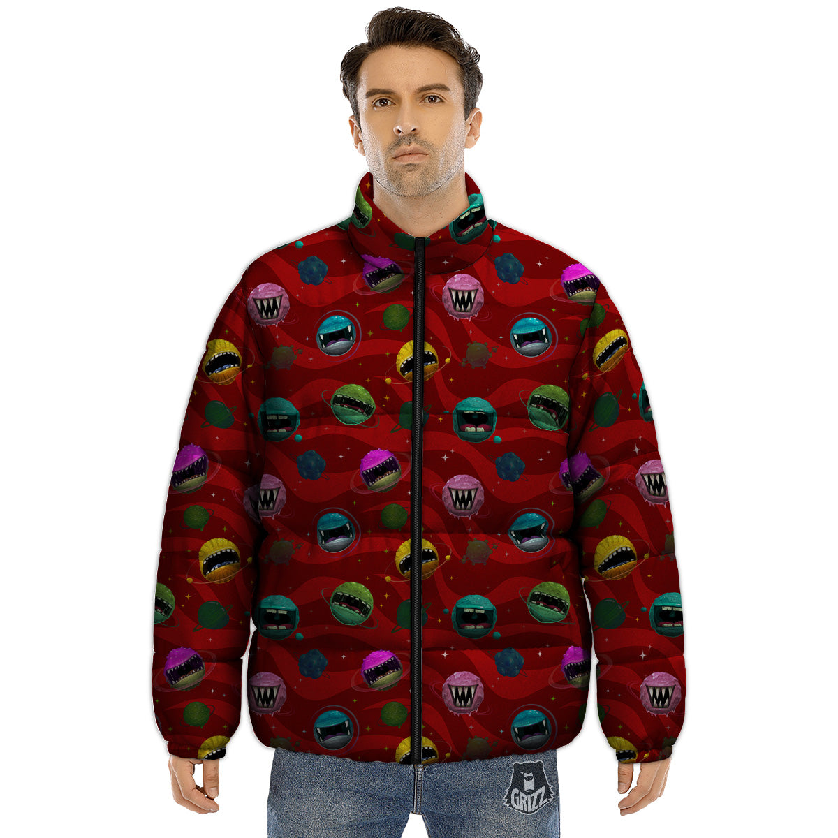 Red Monster Planets Print Pattern Puffer Jacket-grizzshop