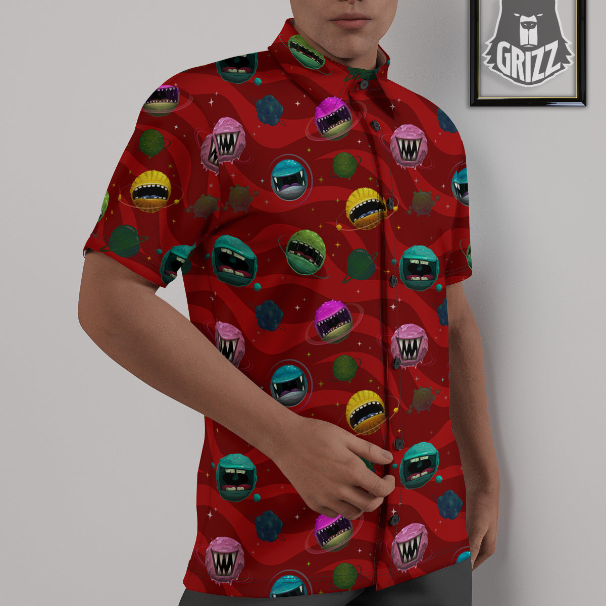 Red Monster Planets Print Pattern Untucked Shirts-grizzshop