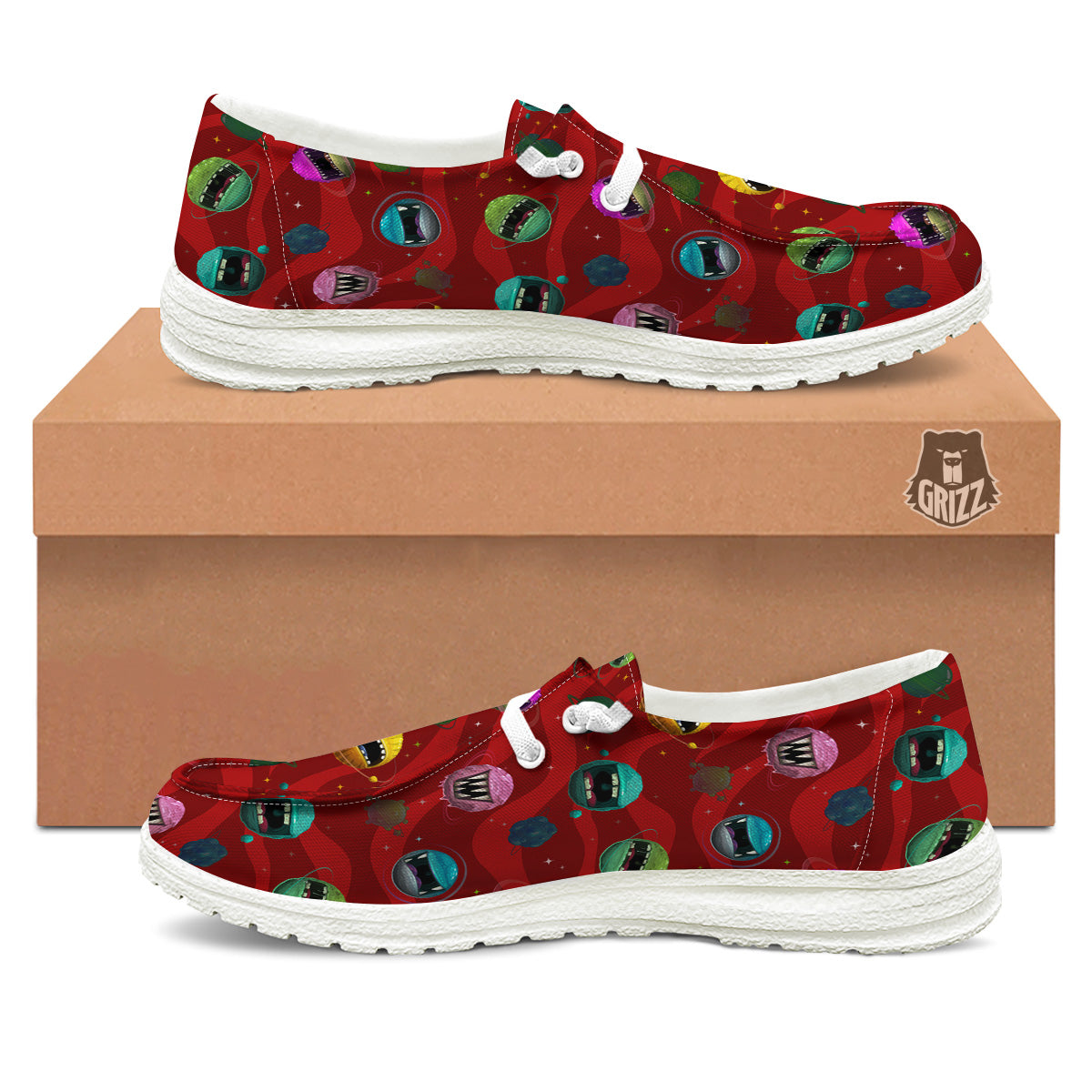 Red Monster Planets Print Pattern White Loafers-grizzshop