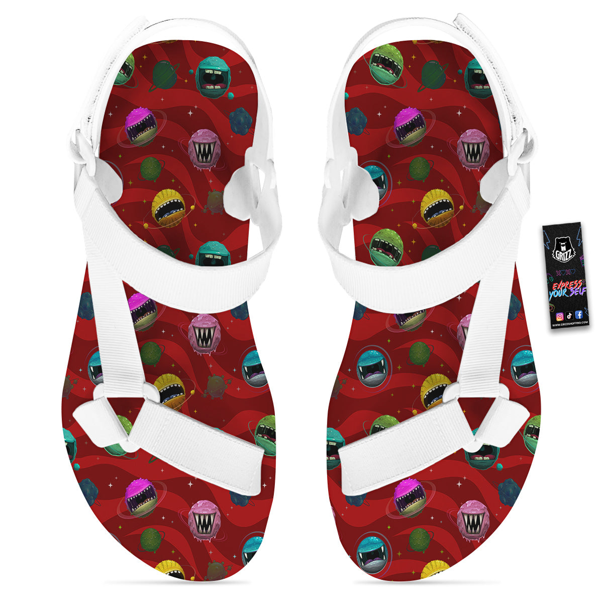 Red Monster Planets Print Pattern White Open Toe Sandals-grizzshop