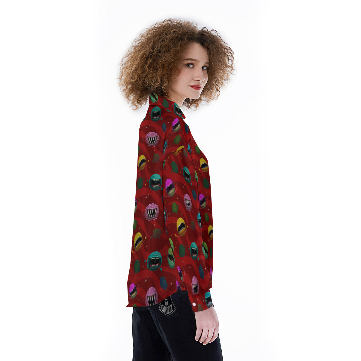 Red Monster Planets Print Pattern Women's Long Sleeve Shirts-grizzshop