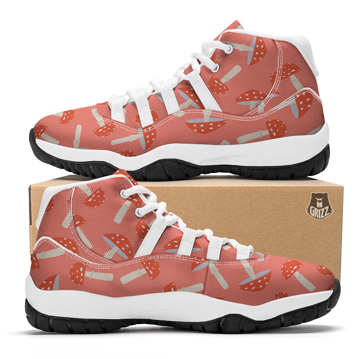 Red Mushroom Dot Pattern Print White Bball Shoes-grizzshop