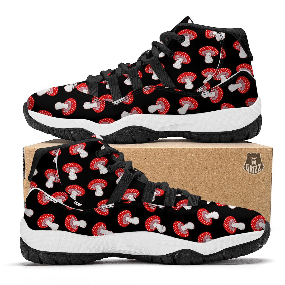 Red Mushroom Dot Print Pattern Black Bball Shoes-grizzshop