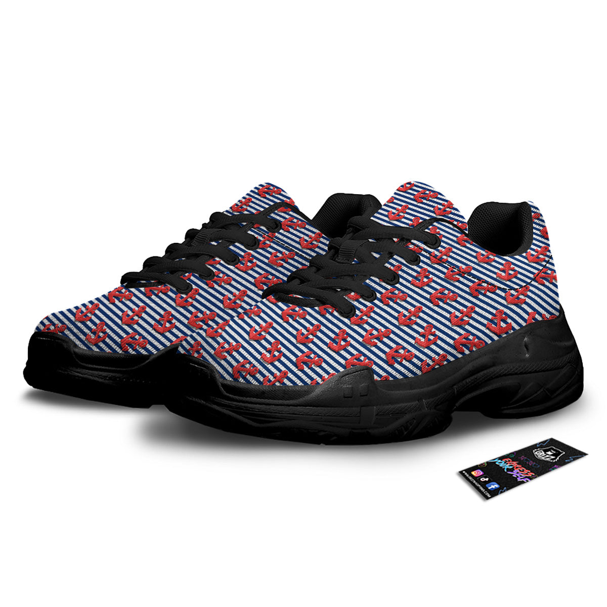 Red Nautical Anchor Blue Striped Print Black Chunky Shoes-grizzshop