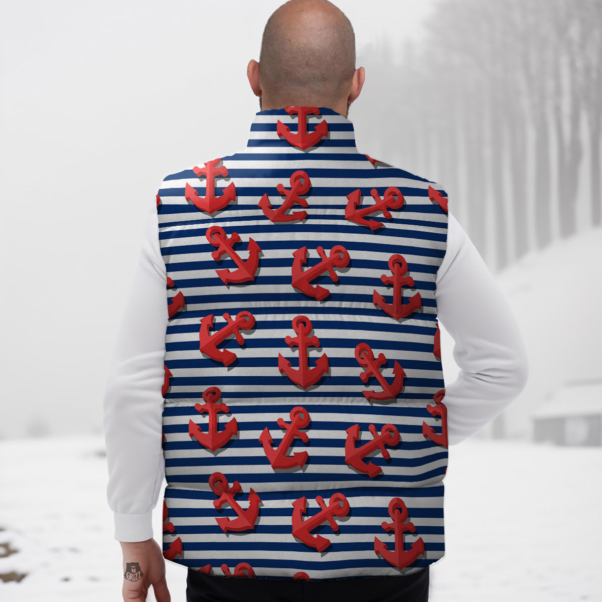 Red Nautical Anchor Blue Striped Print Down Vest